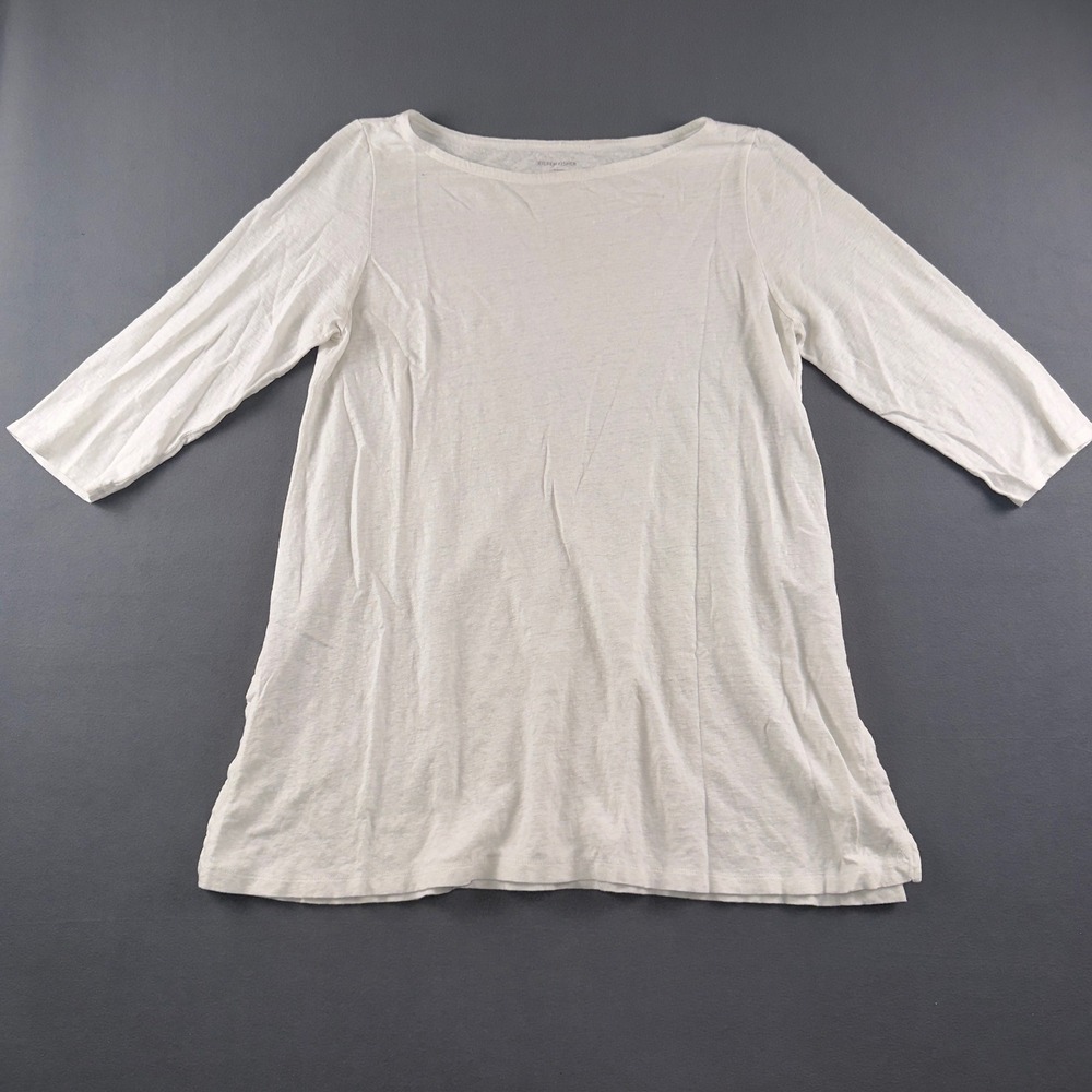 Eileen Fisher Organic Linen Boat Neck Tunic Top White 3/4 Sleeve Large S17IZO